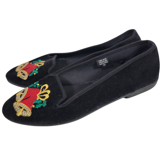 Christmas Bells Flats Black Velvet Velour Loafers Festive Holiday XMas Shoes 8 - Picture 3 of 12